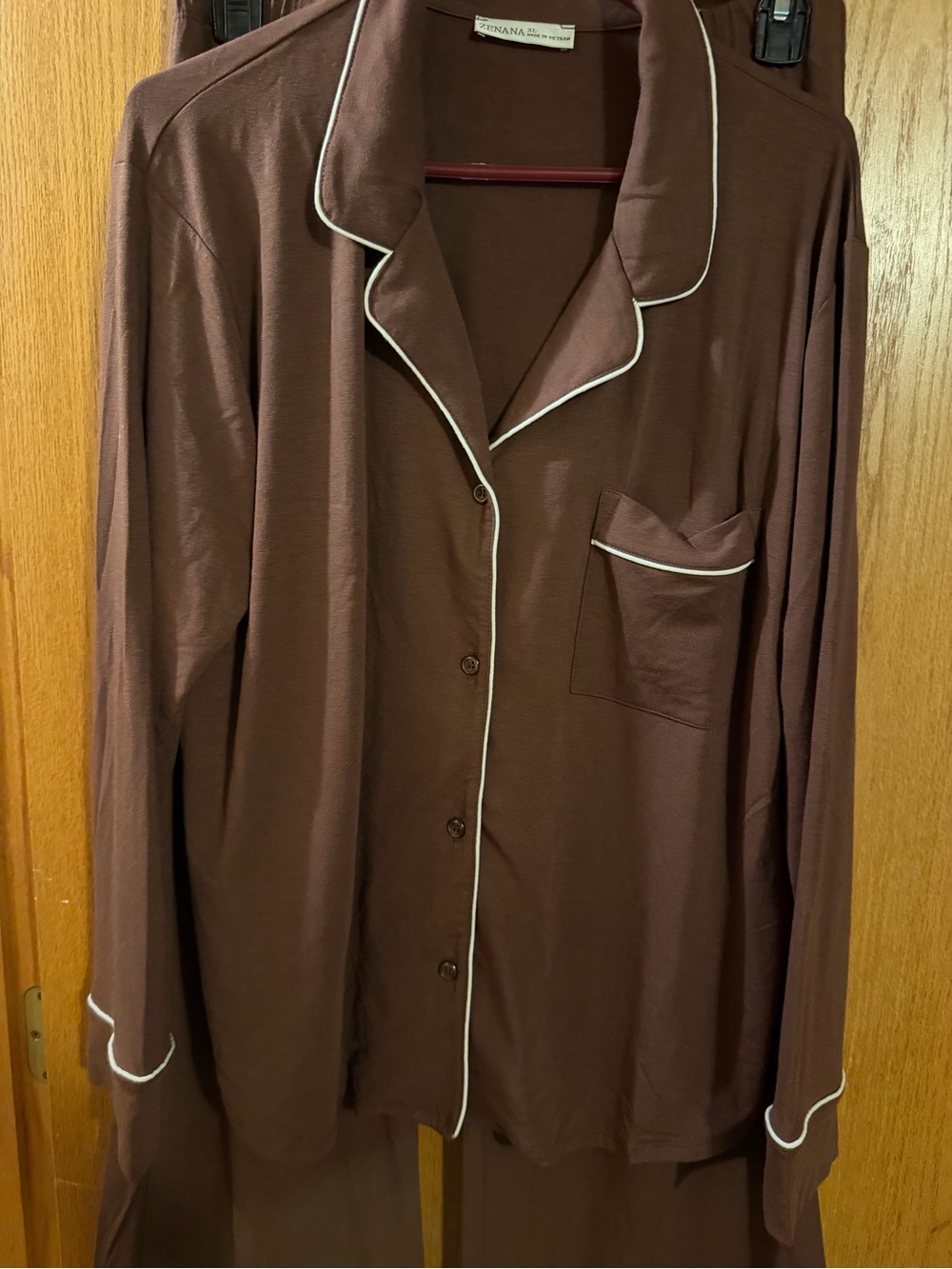 Zenana Outfitters Brown Pajama Set with White Piping